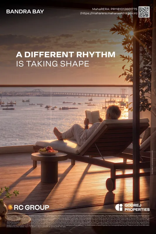 Godrej Bandra Bay campaign advertisement showing a sea-view deck at sunset