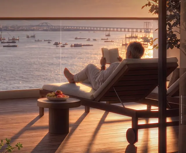 Wooden sea-view deck with lounger at sunset